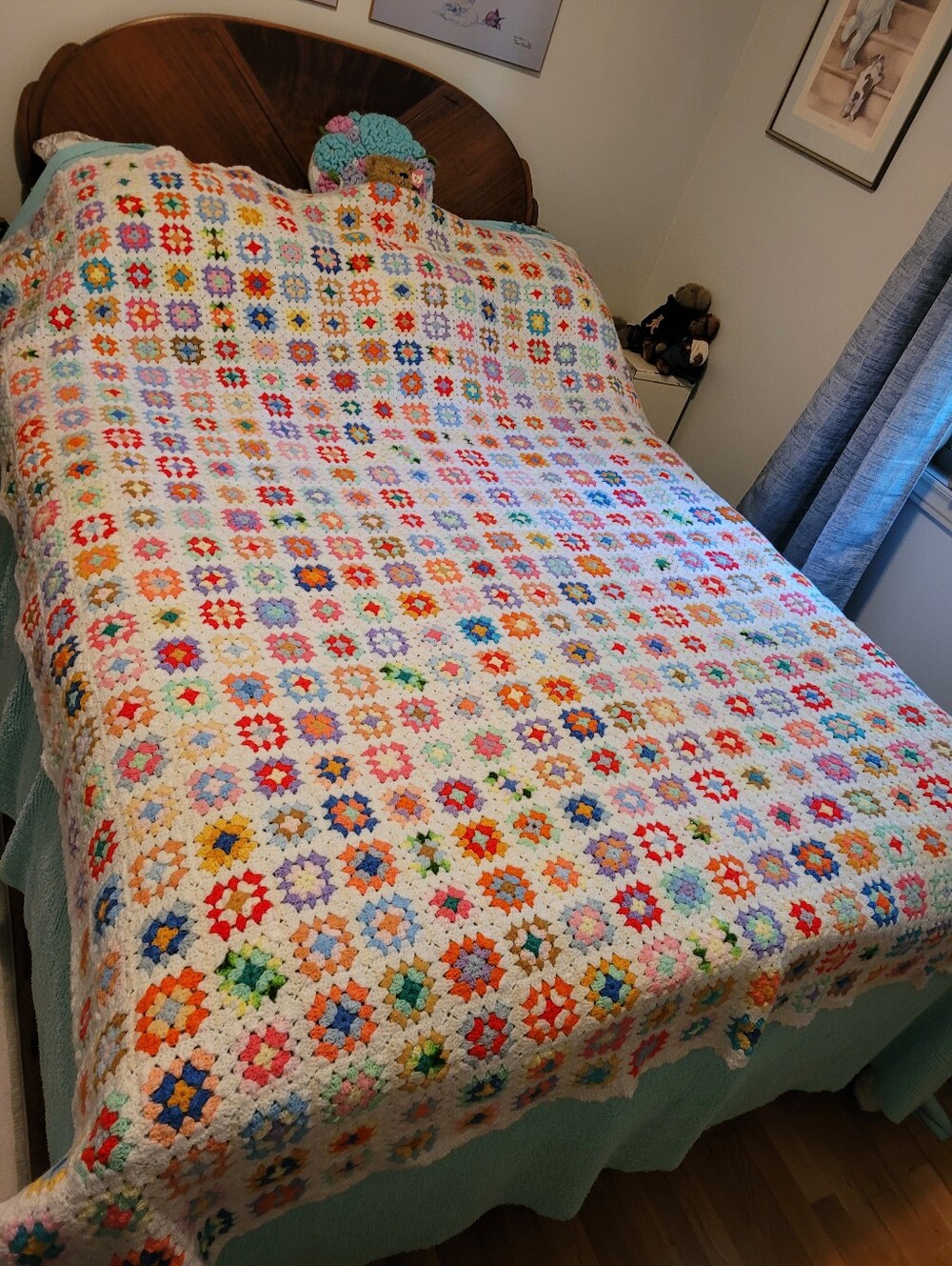 Handmade Multicolor Crochet Granny Square Bedspread - White Background